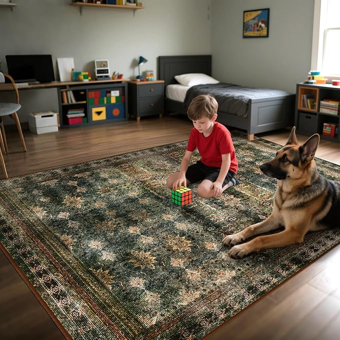 Large 8x10 Washable Area Rug for Living Room, No Shedding Vintage Floral Print Rugs Non Slip, Indoor Thin Retro Accent Carpet for Bedroom Farmhouse Dining Room(Dark Green/Brown/Multi)