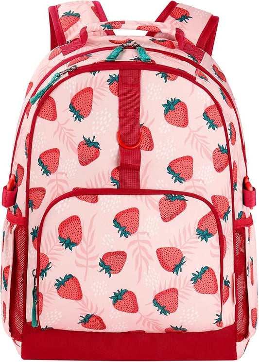Choco Mocha Strawberry Backpack for Girls, Elementary School Backpack for Girls Ages 6-8 Kids Kindergarten Backpack Bookbag 17 Inch with Chest Strap, Pink