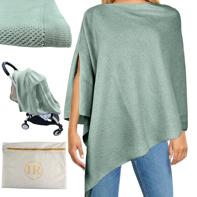 Peekaboo Nursing Cover Up for Breastfeeding - Breathable Knit - Soft Organic Cotton & Cashmere Breast Feeding Poncho for Women - Privacy Feature - Includes Mesh Laundry Bag (Sage)