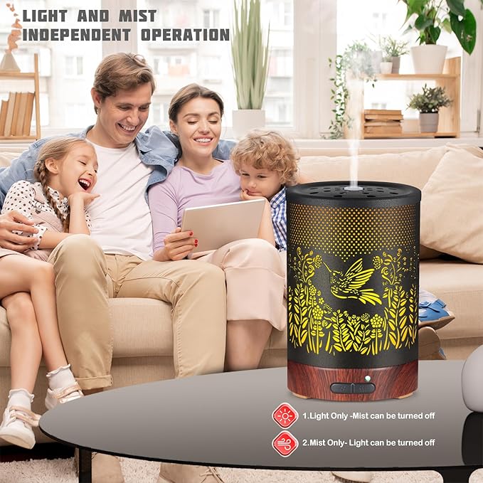 Metal Essential Oils Diffuser 150ML Aromatherapy Diffuser Cool Mist Humidifier with 7 Colors Lights Waterless Auto Off Air Diffusers as Gifts for Moms Women Girls (D-Hummingbird)