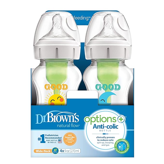 Dr. Brown's Natural Flow Anti-Colic Options+ Wide-Neck Baby Bottles, 9 oz/270 mL, with Level 1 Slow Flow Nipple, 4 Pack Good Morning/Good Night Gift Set