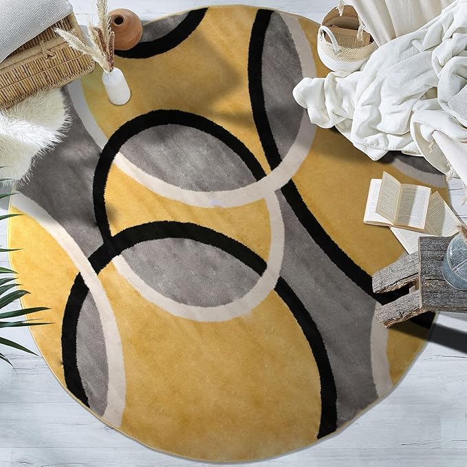 Rugshop Contemporary Abstract Circles Easy Maintenance for Home Office,Living Room,Bedroom,Kitchen Soft Round Rug 6' 6" (6' 6" Diameter) Yellow