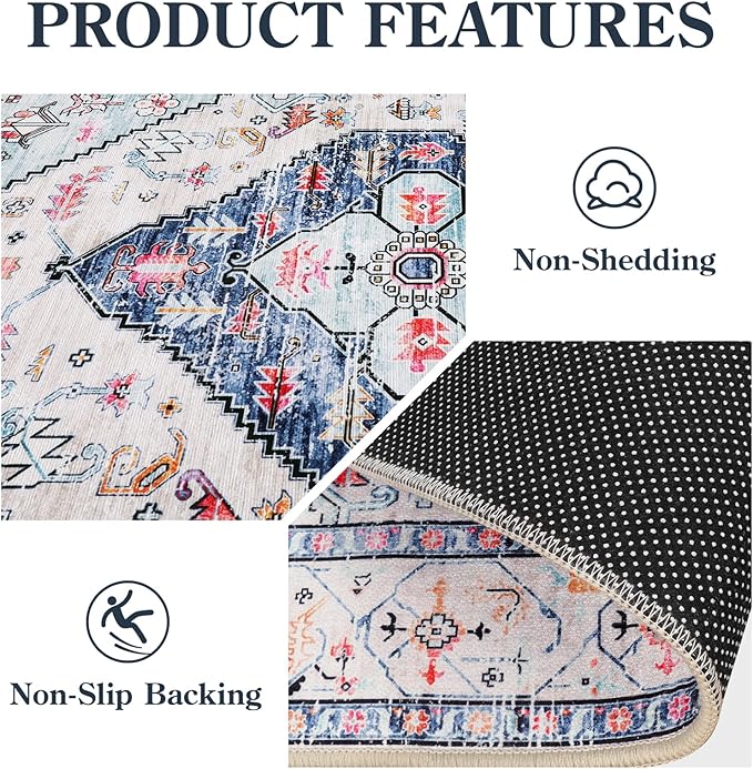 Lahome Boho Round Rug - 7Ft Washable Area Rug, Non-Slip Small Bathroom Rug, Lightweight Bedroom Throw, Oriental Distressed Print Carpet for Entryway, Sofa, Nursery, Kids Room