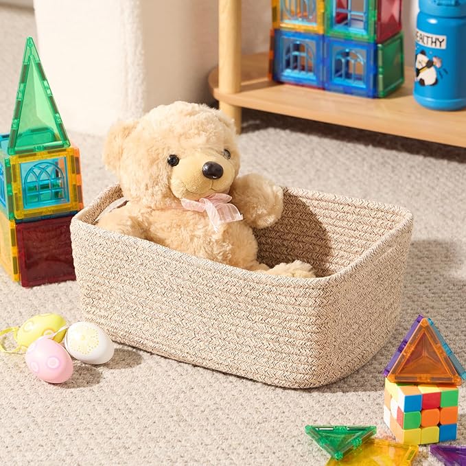 Small Storage Baskets for Organizing | Closet Organizer Bins | Shelf Toy Basket | Woven Rope Baskets | Cube Decorative Box | Shallow Basket | 13x8.5x5.1” | 4 Packs Mixed Brown