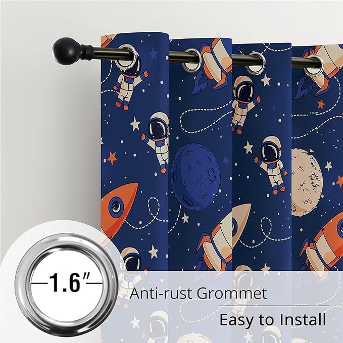 Kids Space Astronaut and Rocket Blackout Curtains - 100% Blackout, Thermal Insulated, Noise Reducing, Perfect for Kids Room and Nursery, 2 Panels (Orbiting Astronauts, W52×L63)