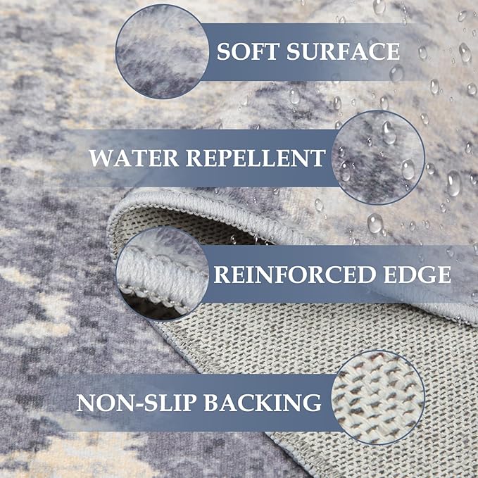 Washable Area Rugs 2'x10' Non-Slip Modern Abstract Soft for Living Room Entryway Bedroom Nursery, Print Pattern, Purple Grey Cream Yellow