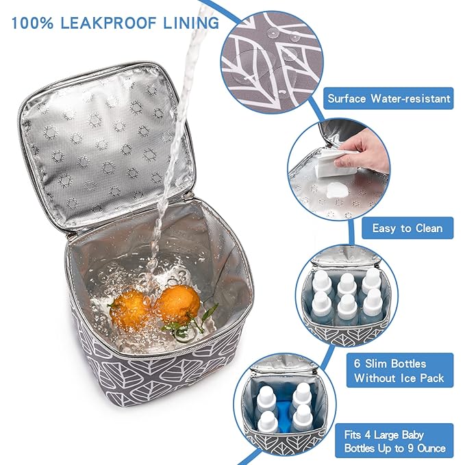 Breast Milk Cooler Bag with Ice Pack Fits 4 Baby Bottles Up to 9 Ounce, Baby Bottle Bag for Nursing Mom Daycare-Grey