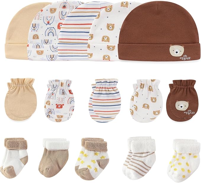 Newborn Baby Boy Girl Caps Mittens Socks Set Cotton Baby Essentials Accessories (Hats+Gloves+Socks)