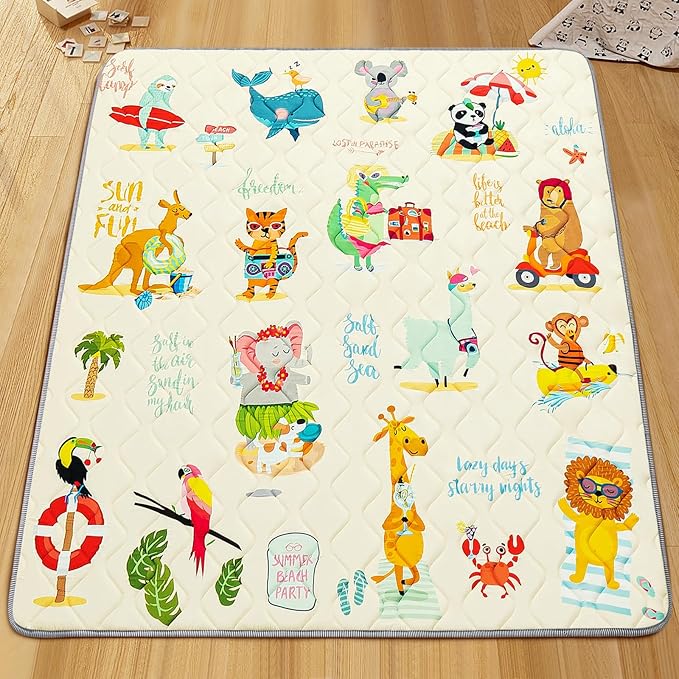 Baby Play Mat - Thicken 71x59 Inch Soft Foam Crawling Mat for Playpen & Floor, Non-Slip Waterproof Playmats for Infants & Toddlers, Portable Foldable & Machine Washable, Beach Animals