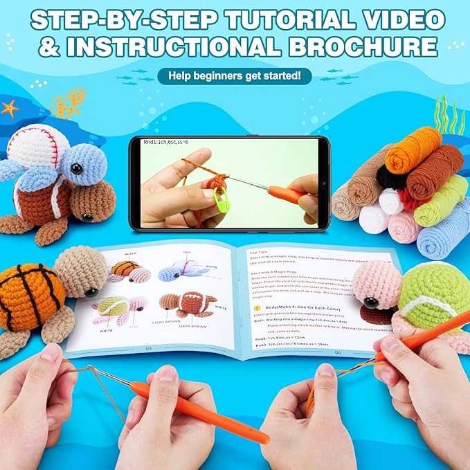 Crochet Kit for Beginners -4 PCS Turtle Crochet Kit with Step-by-Step Video Tutorials, Beginner Crochet Kits for Adults, Animal Crochet Turtle Ball Games Set