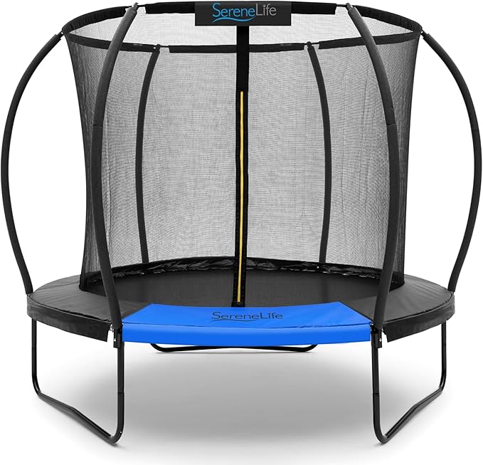 SereneLife 8FT 10FT 12FT 14FT Outdoor Trampoline for Kids - Recreational Backyard Trampoline with Curved Safety Poles and Net Enclosure- ASTM Approval for Kids Adults