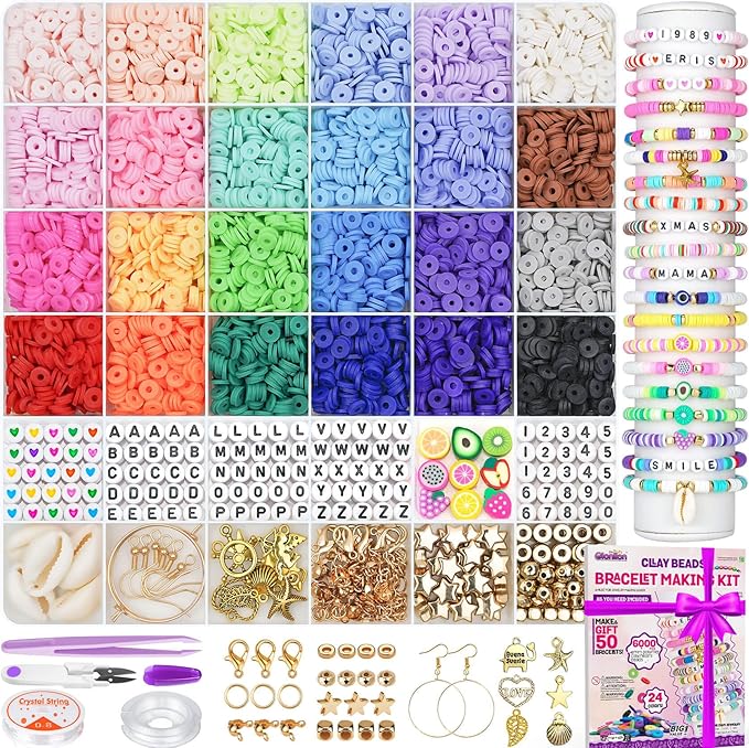 Gionlion 6000 Clay Beads Bracelet Making Kit, 24 Colors Flat Preppy Beads for Friendship Bracelets, Polymer Clay Bead with Charms for Jewelry Making, Crafts Gifts for Girls Ages 6-12
