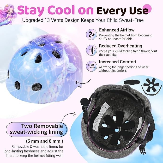 Vvinca Kids Toddlers Bike Helmet Adjustable for Ages 3-5-8 Years, Knee Pads and Elbow Pads Set Wrist Guard Sports Protective Gear Set for Roller Skate Bicycle Skateboard Scooter Girl Boy Birthday Gift