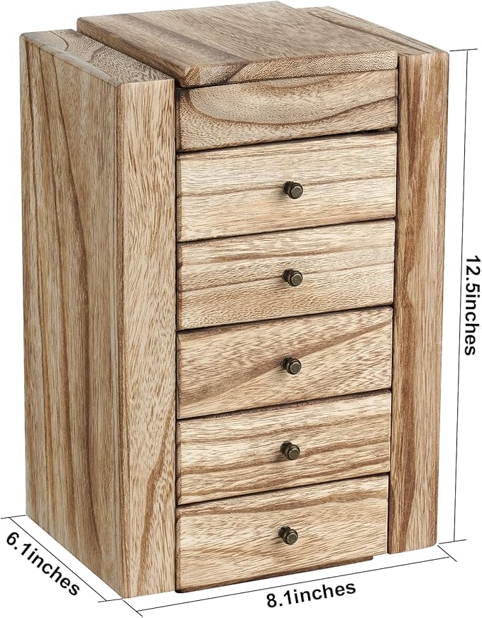 Meangood Jewelry Box Wood for Women, 6-Layer Large Organizer Box with Mirror & 5 Drawers for Rings, Earrings, Necklaces, Vintage Style, Carbonized Black