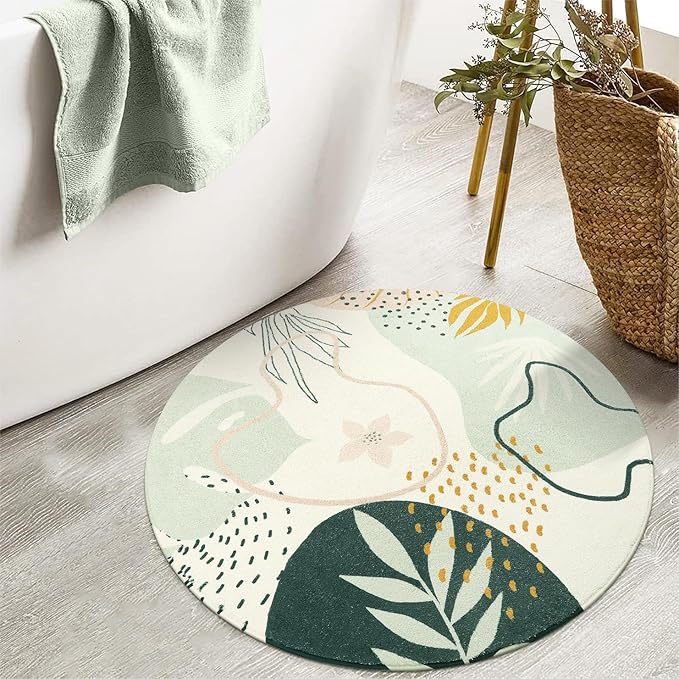Lahome Boho Round Area Rug - 3Ft Washable Non-Slip Bathroom Rug, Green Botanical Print Carpet for Bedroom, Living Room, Entryway
