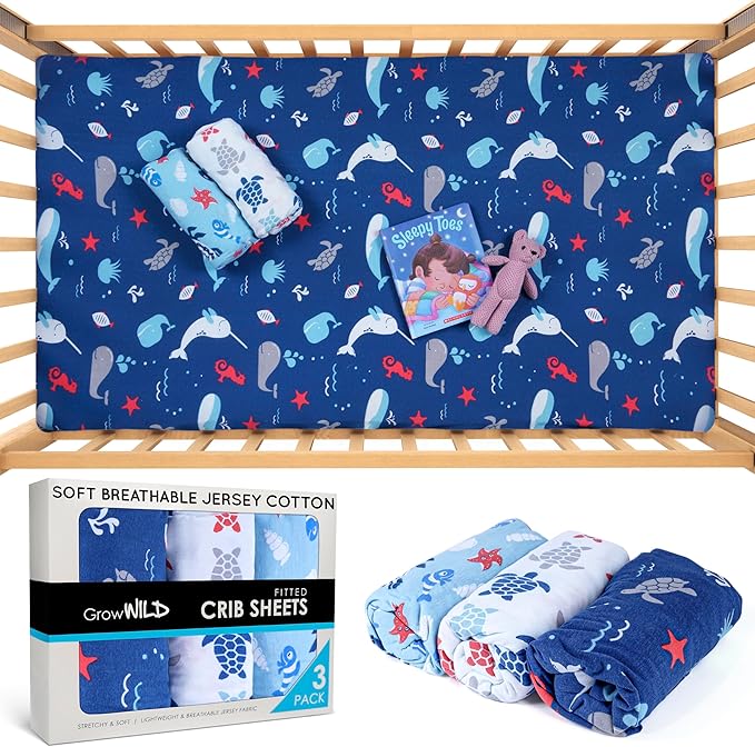 GROW WILD Blue Ocean Baby Crib Sheets for Boys (3 Pack) - Jersey Knit Fitted Sheet (52" x 28"), Toddler Bedding Set & Baby Boy Crib Bedding Set, Turtles and Sea Animals Theme