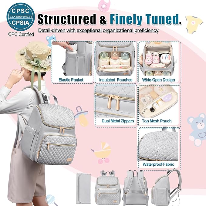 Weitars Diaper Bag Backpack Large Baby Diaper Bag with Changing Pad Travel Diaper Backpack,Baby Bag for Boys Girls,Stroller Straps,5 Insulated Pockets (Gray)