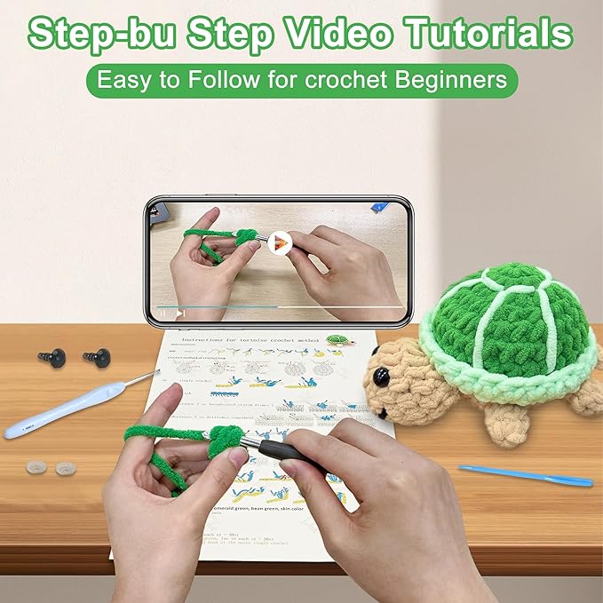 Utook Crochet Kit for Beginners, 6-Pack Crochet Animal Kit,Crochet Kits for Beginners Adults and Children, with Instructional Videos and Paper tutorials, Handmade Crafts, Holiday Gifts (Turtle)