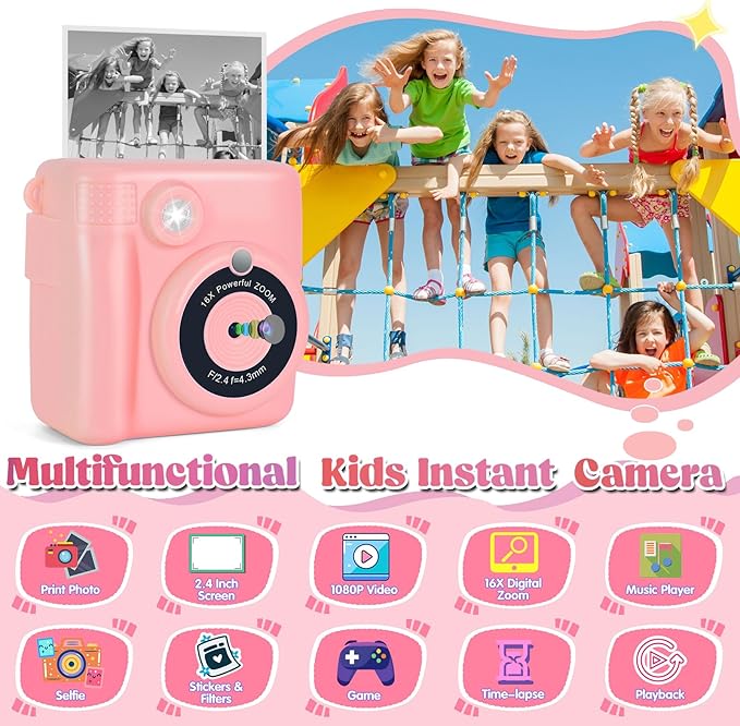 Instant Print Camera for Kids - 2.4 Inch Kids Camera Instant Print with Paper & 32G Card- Digital Children Toys as Christams Birthday Gifts for Girls Boys Age 3-12 - Pink