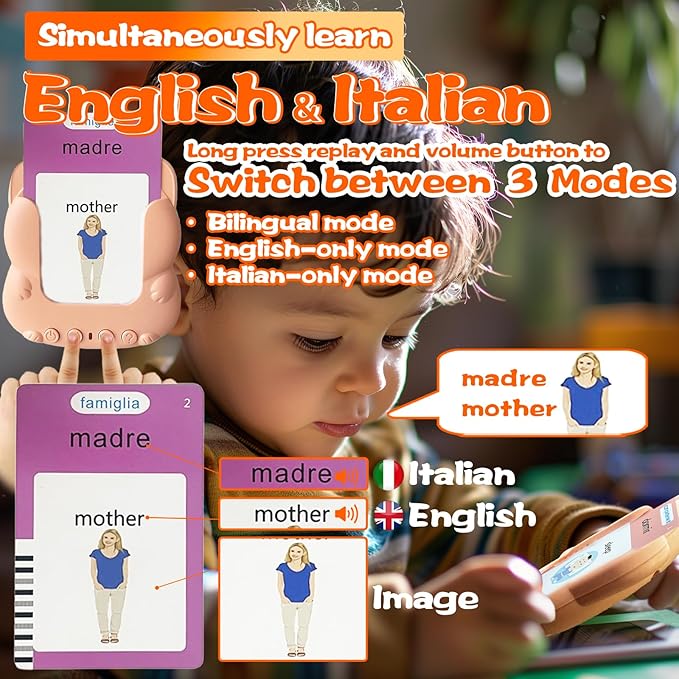 Talking Flash Cards for Kids - Italian Bilingual English Flashcard for Toddlers 3-12, Test Mode, 510 Sight Words, Audible Pocket Speech, Sensory Toys for Autism, Boys Girls Gifts (Italian)