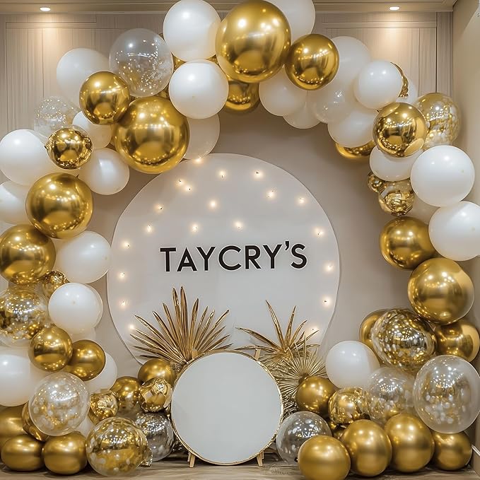 RUBFAC 129pcs Metallic Gold Balloons Different Sizes 18 12 10 5 Inch, Latex Balloon Garland Arch Kit for Party Graduation Wedding Holiday Happy Birthday Decoration