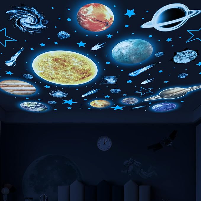 Glow in The Dark Stars and Planets for Ceiling, Robmoda Glow Solar System Wall Stickers, Space Wall Decals for Kids Boys Room (Blue)