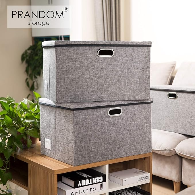 PRANDOM Extra Large Collapsible Storage Bins with Lids [3-Pack] Linen Fabric Foldable Storage Baskets Boxes Organizer Containers Cube with Cover for Bedroom Closet Office Nursery (22.8x15.75x13.8)