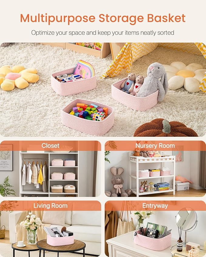 KALLAX Small Woven Basket, 13.5 x 9.5 x 5 Inches, Storage Basket for Organizing, Cute Small Rope Shelf Closet Cube Storage Bins Baskets for Shelves, Dog Toy Gift Baskets Empty, 3 Pack Light Pink