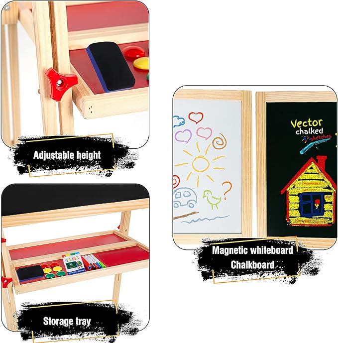 Adjustable Wooden Easel for Kids, Foldable Standing Art Easel for 3, 4, 5, 6, 7, 8 Years Old with Accessories, Drawing Painting Gifts for Boys & Girls Toddlers, Great Presents for Birthday