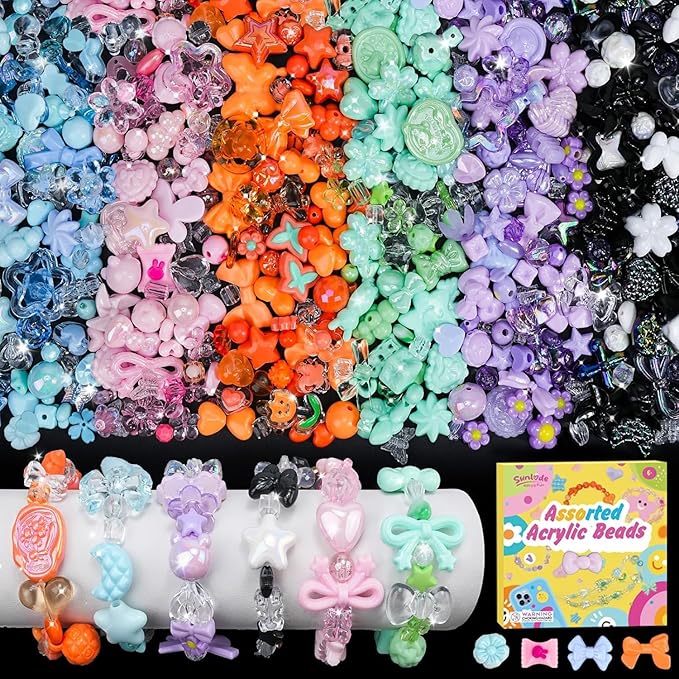 Sunlode Acrylic Beads for Bracelet Making, Assorted 6 Colors Cute Beads, Flower Bow Candy Bear Kawaii Bracelet Charms for Jewelry Making, Necklace Keychains Phone Charms DIY Crafts Gifts for Girls