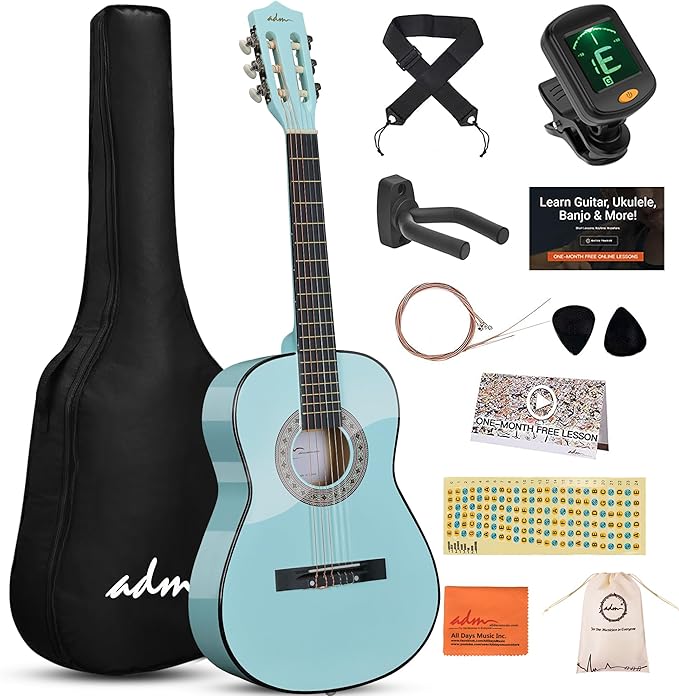 ADM Beginner Acoustic Classical Guitar 36 Inch Nylon Strings Wooden Guitar Bundle Kit for Kid Boy Girl Student Youth Guitarra Online Lessons with Gig Bag, Strap, Tuner, Strings, Picks, Socal Green