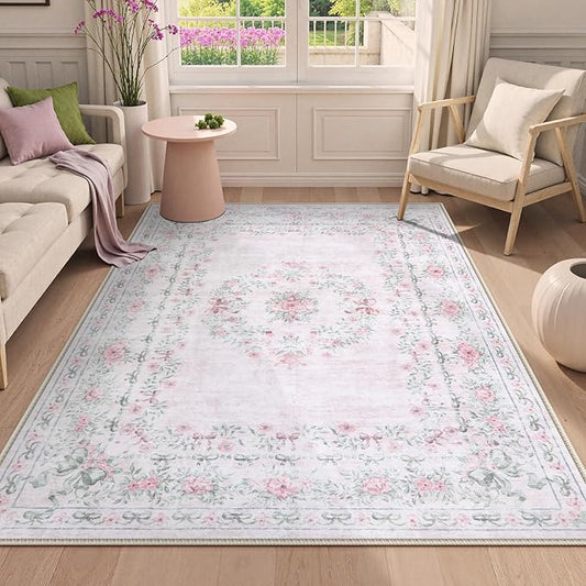 Wonnitar Floral Bow Pink Rug for Bedroom, Washable 5x7 Area Rug for Girls Nursery, Ultra-Thin Non Slip Soft Boho Carpet for Kids Room Dorm Living Room, Light Pink