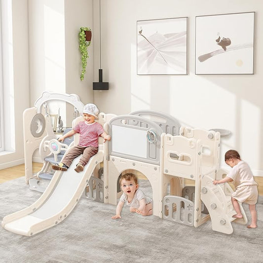 Toddler Outdoor Climber Playset with Basketball for Kids Ages 1 to 3 Years Slide and Swing Set 12 in 1 Playground Indoor Slide for Kids Durable Ecofriendly Plastic Backyard Playset White