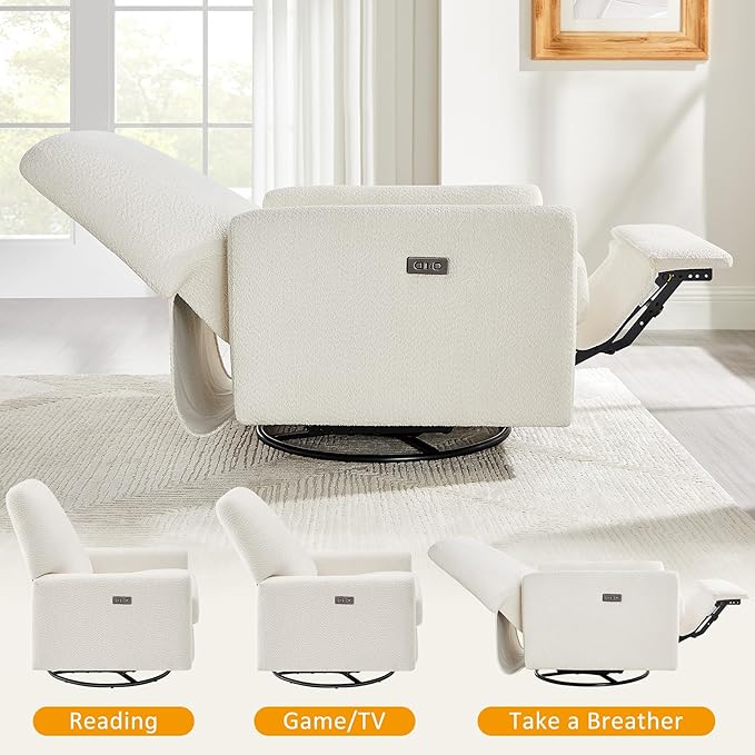 Power Swivel Glider Recliner Chair, Electric Nursery Rocker Recliner Chair, USB & Type-C Charger, Boucle White
