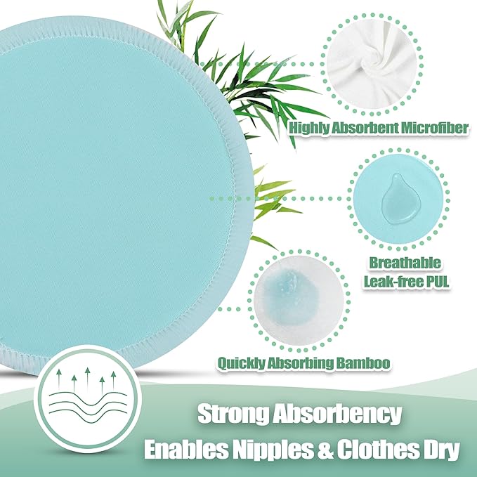 wegreeco Nursing Breast Pads (14 Pack) + Laundry Bag & Travel Storage Bag, 4.7 inch - Washable & Reusable Breastfeeding Nursing Pads (Plain Shape, Light Blue, Large)