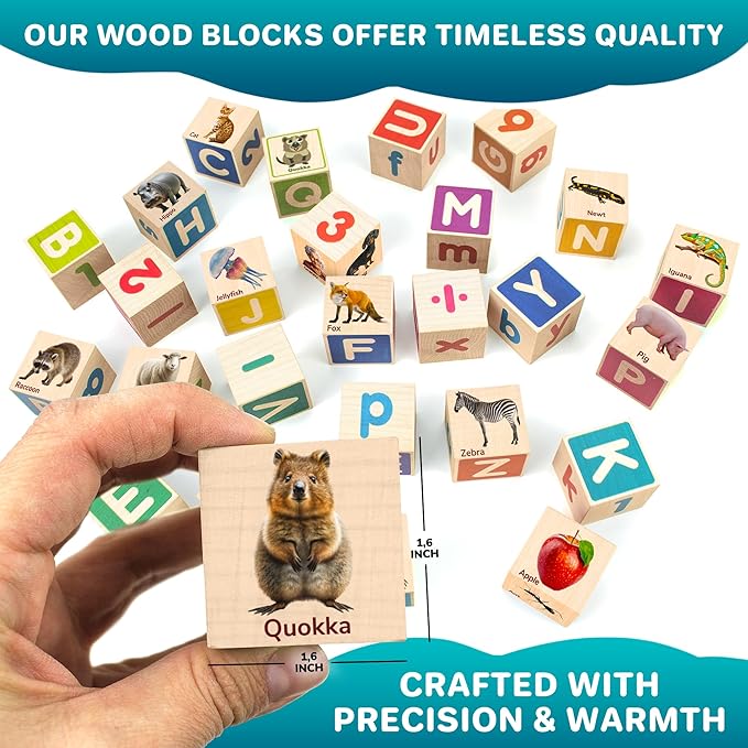 QUOKKA Montessori Wooden Blocks for Toddlers 1-3 - 35 Realistic ABC Learning Baby Blocks for Kids 3-5 Year Olds - Stacking Alphabet Wood Toys for 2-4 yo - Learn Letters Numbers