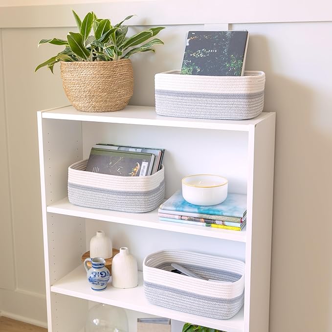NaturalCozy 13.5”x8.5”x5.5” Storage Baskets for Shelves 3 Pack | Cotton Rope Woven Small Baskets for Organizing | Small Storage Bins for Nursery, Bathroom, Closet, Cube Shelf, Decorative, Gift