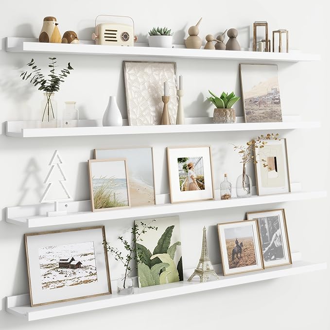 Floating Picture Ledge Shelves for Wall Set of 4, 48 Inch Wall Shelves with Lip Long Large Nursery Book Shelf for Toys Storage Kids Bookshelf Wall Mounted Living Room Bedroom Decor Frames