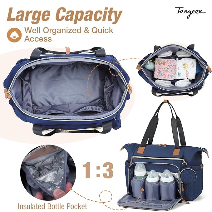 Diaper Bag Tote, Large Baby Diaper Bags Waterproof, Hospital Bag for Labor Delivery with Pacifier Case, Changing Pad, Shoulder Strap, Dark Blue