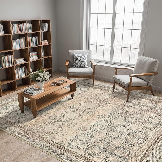 Large 8x10 Washable Area Rug for Living Room, No Shedding Vintage Floral Print Rugs Non Slip, Indoor Foldable Thin Retro Accent Carpet for Bedroom Farmhouse Dining Room Beige/Pink/Orange