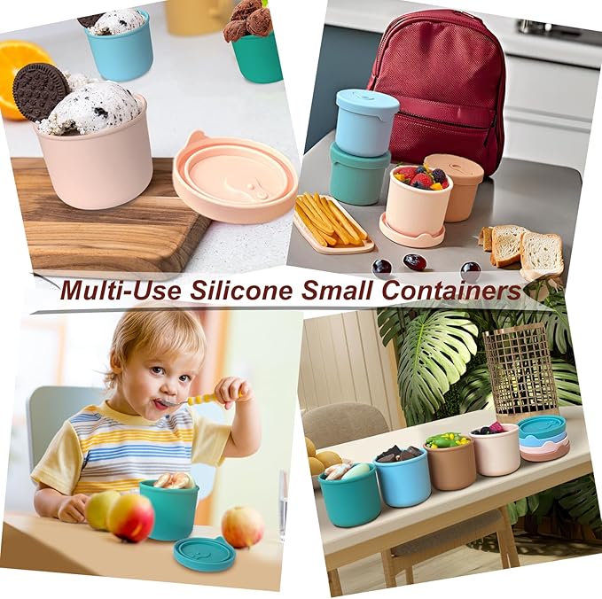 8.5oz Silicone Snack Containers for Kids, Reusable Small Containers with Airtight Lids, Silicone Baby Food Storage Jars, Freezer, Microwave and Dishwasher Safe, Perfect for Infant & Toddler - 4 Pack