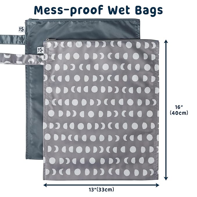 Tiny Twinkle Mess-Proof Waterproof Wet Dry Bag | 2-Pack Reusable Wet Bags for Swimsuits & Baby Clothes | Leakproof Wet Bag for Travel & Diaper Changes for Baby (Luna)