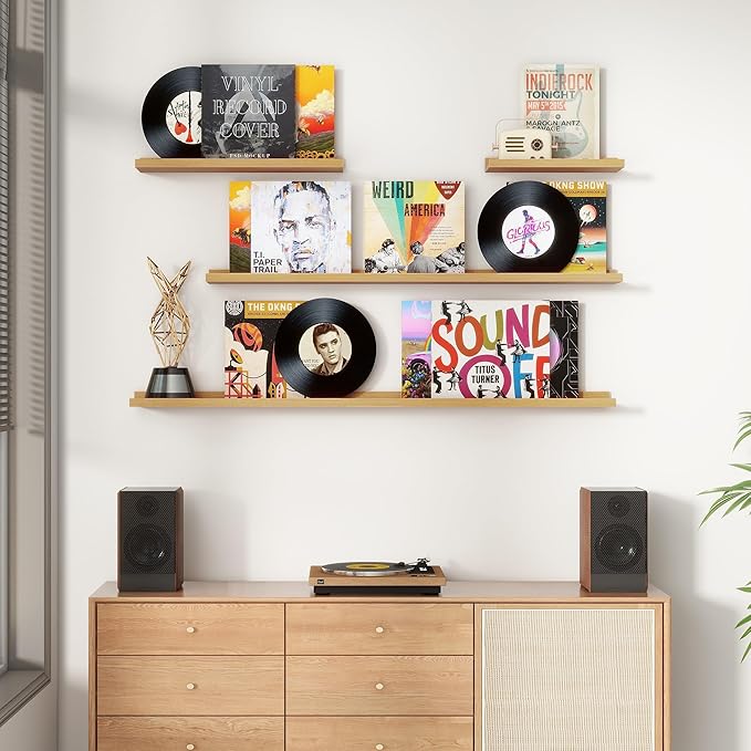 4-Pack 72 Inch Wall Mounted Floating Picture Ledge Shelves, Modern Oak Style, Perfect for Displaying Photos, Books, Collectibles, and More