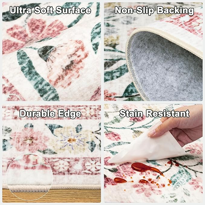 6x9 Area Rugs for Living Room: Floral Washable Rug Vintage Large Soft Boho Non-Slip Carpet Indoor Stain Resistant Thin Carpets for Bedroom Dining Room Farmhouse Nursery Hallway Home Office Pink Green