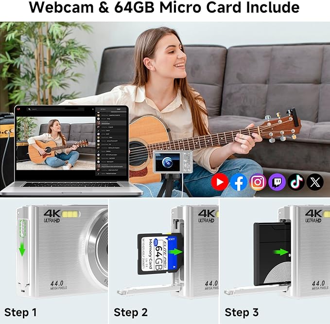 Digital Camera, FHD 4K 44MP Digital Camera, 16X Digital Zoom, Digital Point and Shoot Camera with 3-LED Fill Lights, 64GB SD Card, Compact Camera for Kids Teen Boys Girls, Sliver