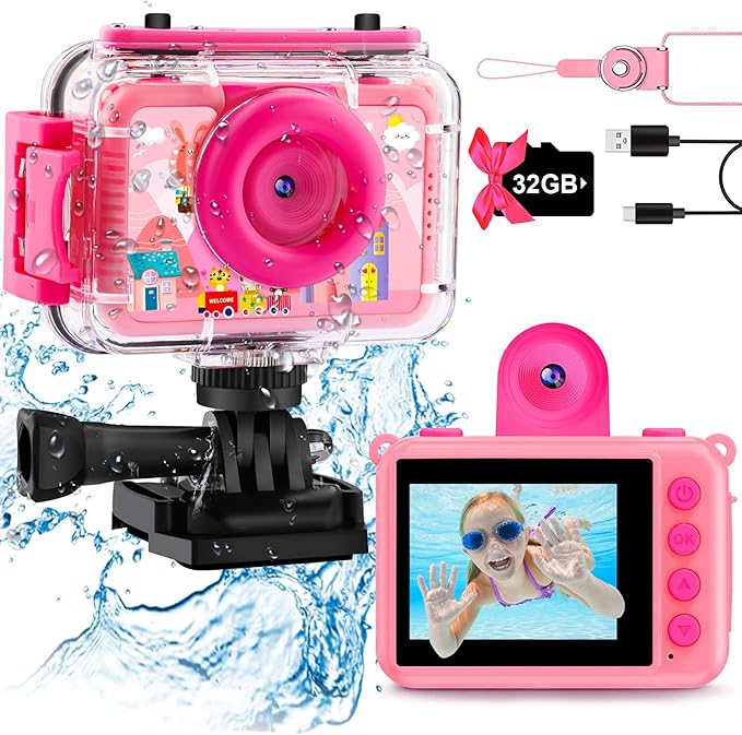 GKTZ Kids Camera - Waterproof Underwater Camera for Kids, Christmas Birthday Gifts for Girls Age 3-12, 1080P HD Children Digital Action Camera, Pool Toys for Kids Age 4-12