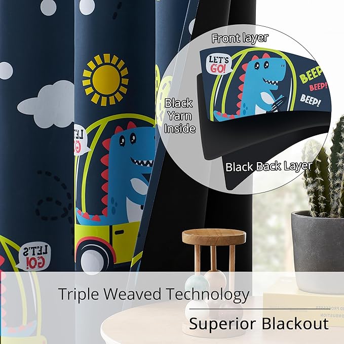 Kids Dinosaur Blackout Curtains - 2 Panels, Each W52*L96 with 100% Blackout, Thermal Insulated, and Noise Reducing, Perfect for Kids Room, Bedroom, Nursery