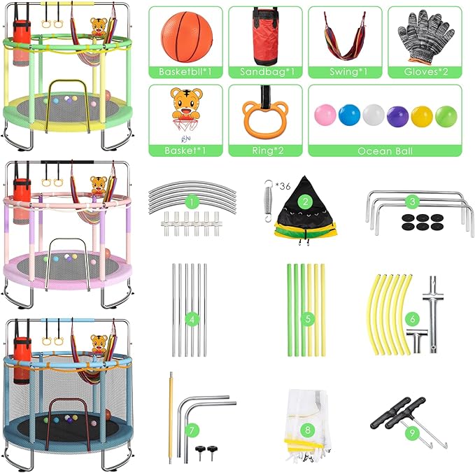 Trampoline for Kids, Upgrade Full Anti-Rust 440lbsToddler Trampoline with Net, Upgraded Ring Legs with Adjustable Gymnastics Bar&Toys, Gifts for Ages 1-8 Boys&Girls