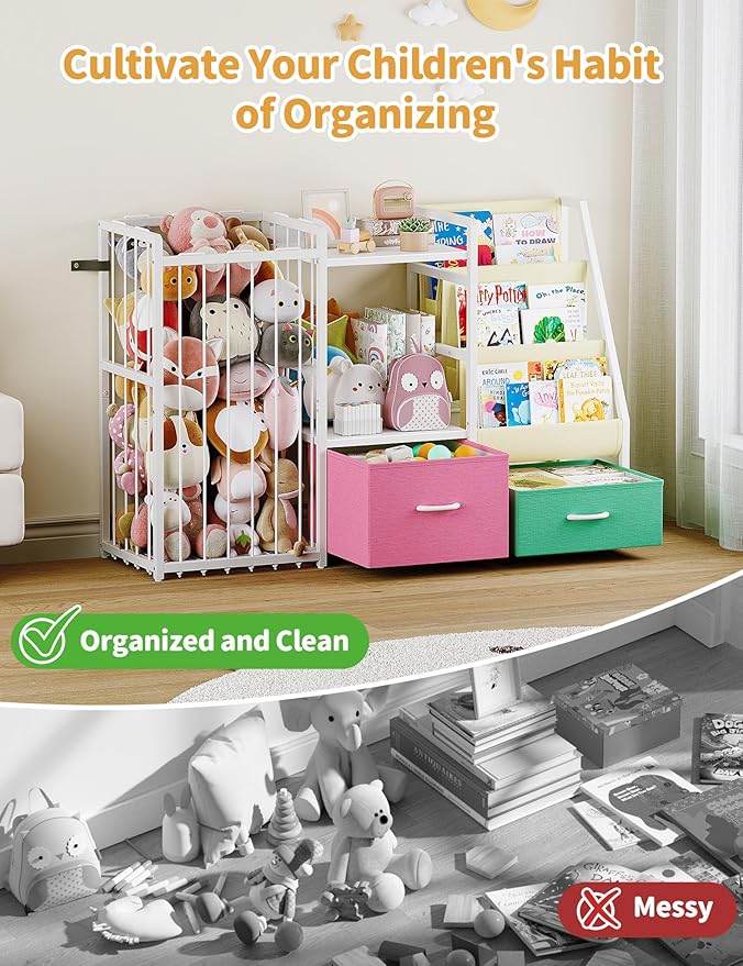 Kids Bookshelf and Toy Storage, Large 3 Tier Book Shelf for Kids Rooms, Sling Baby Bookcase with Stuffed Animal Storage, Toddler Montessori Bookshelf for Nursery, Playroom, Kindergarten