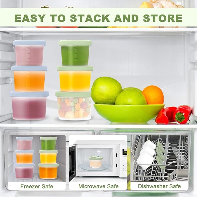 Silicone Baby Food Containers with Date-Tracking Lids, 6-Pack Reusable Snack Containers Food Storage Jars for Infants, Microwave, Dishwasher & Freezer Safe, 3 Sizes